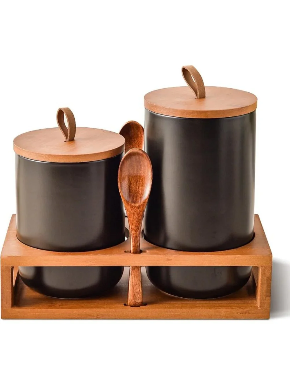 Stylish Black Ceramic Canister Set with Bamboo Lids & Wooden Stand - Airtight